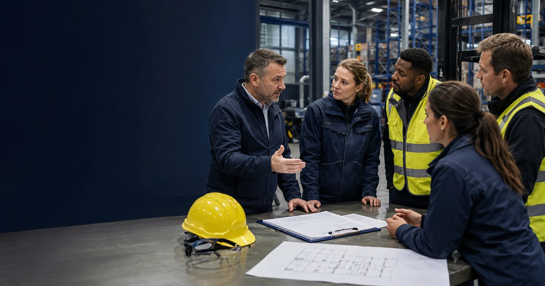 Werkoverleg over Arbowet wijziging 2026 met veiligheidskundige, werknemers, helm en RI&E checklist