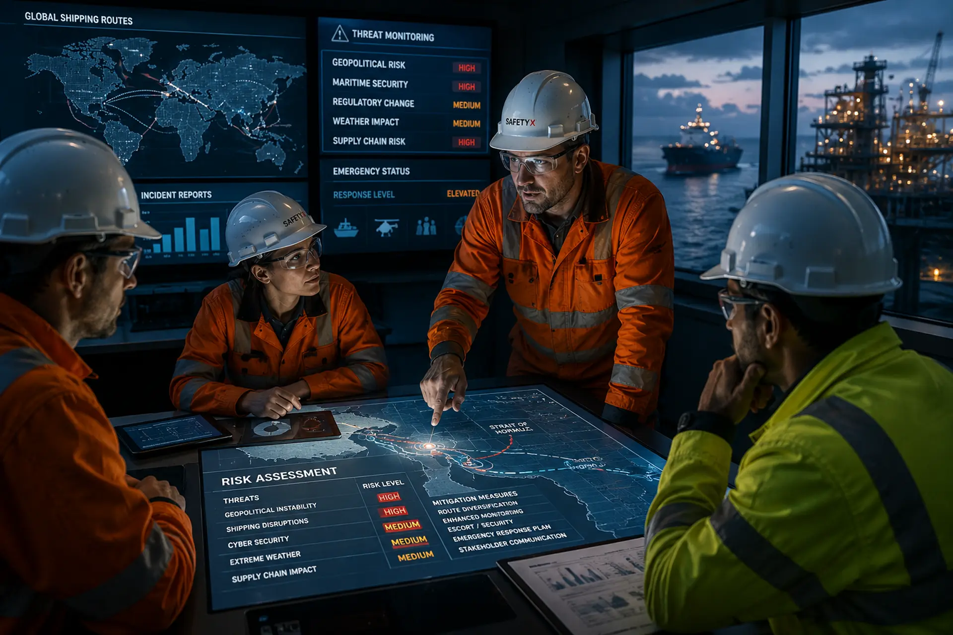 HSE professionals conducting offshore risk assessment during geopolitical shipping and safety disruptions