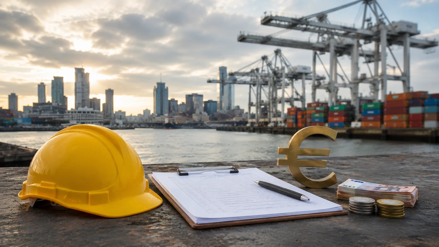 HSE ZZP dagtarieven in de havens van Rotterdam en Antwerpen met helm, euroteken en veiligheidschecklist