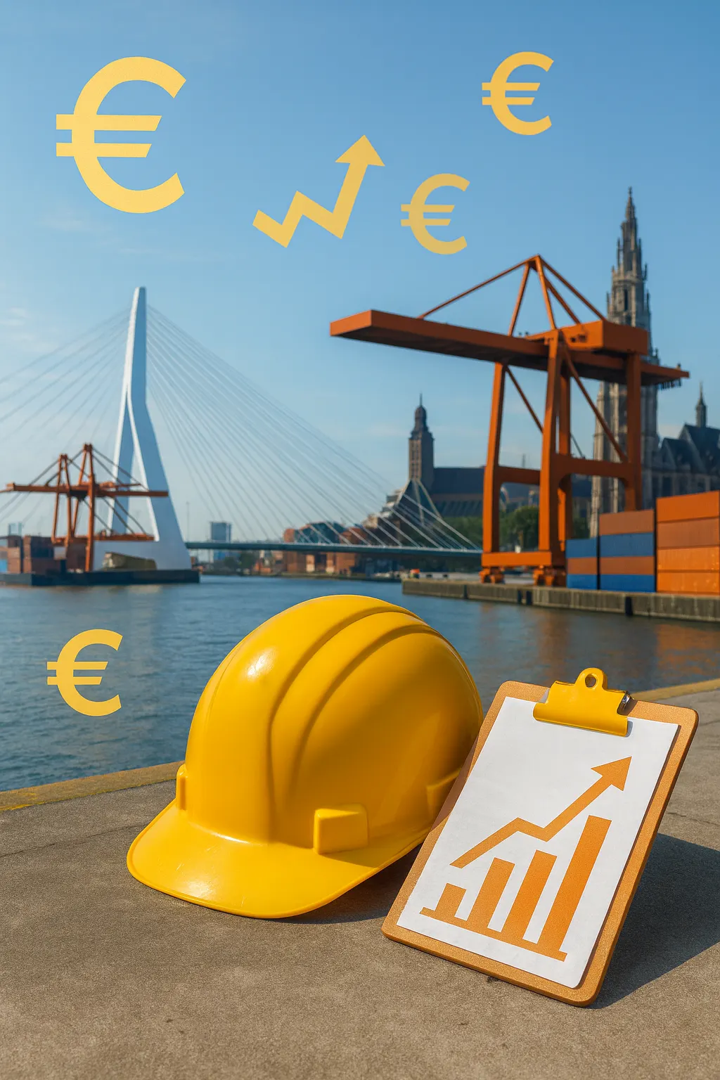 Gele veiligheidshelm en clipboard bij haven met eurotekens, voor HSE ZZP-dagtarieven.