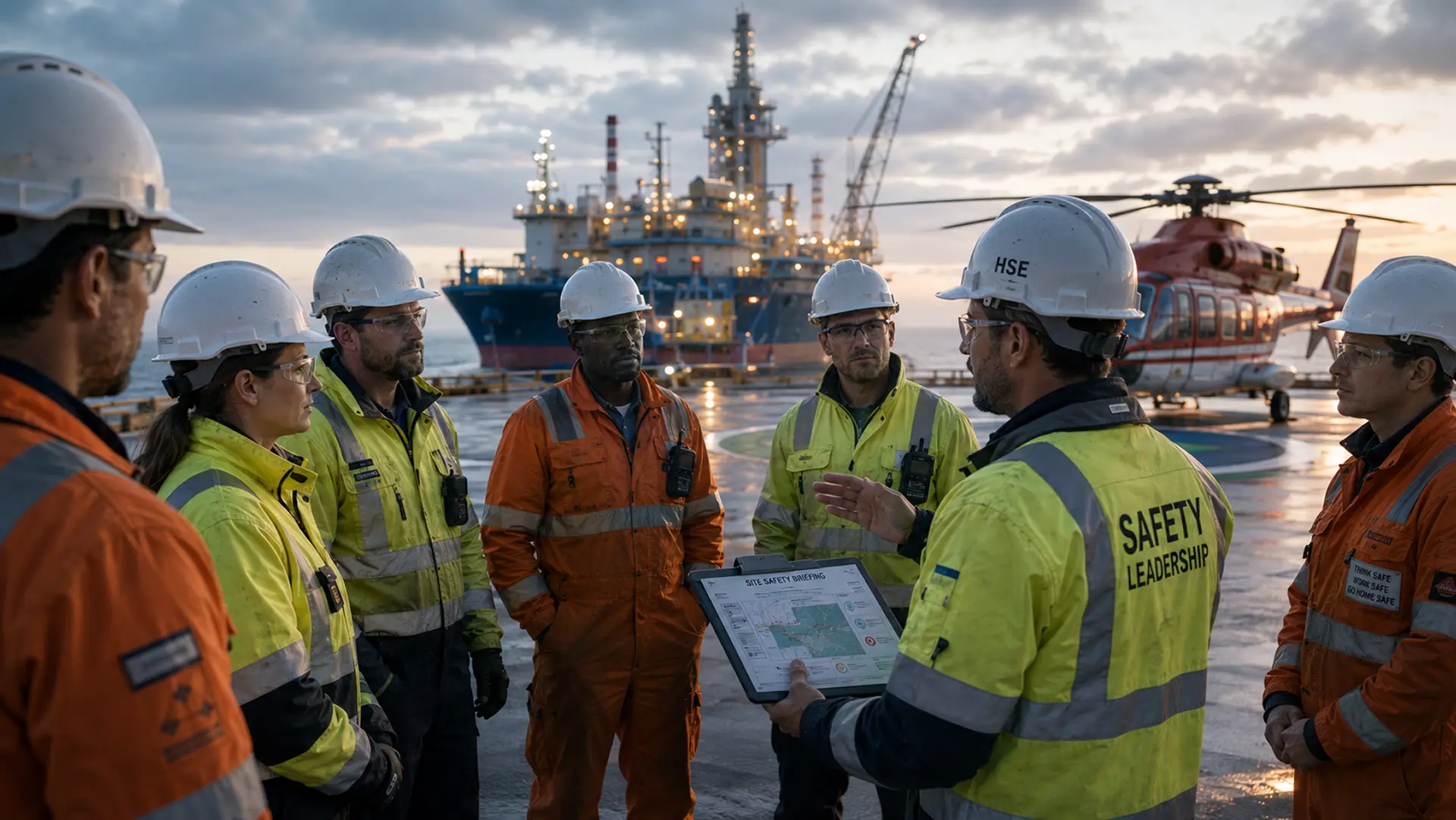 International HSE team during offshore safety briefing before deployment to high-risk industrial project