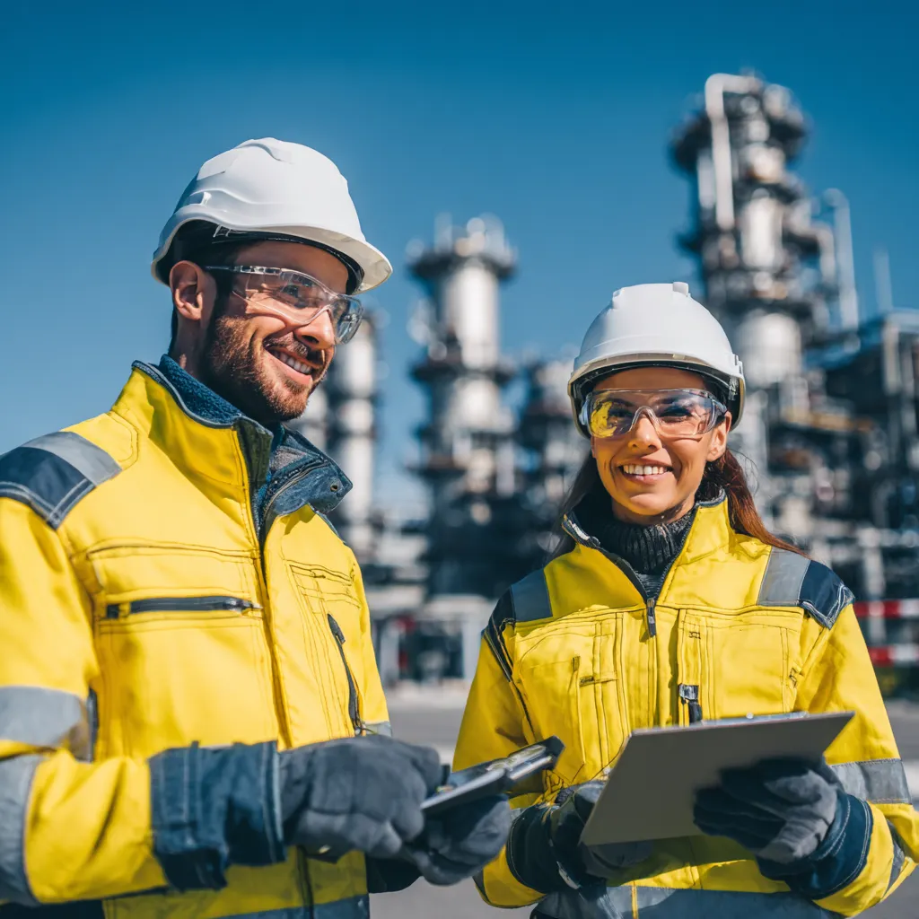 Twee HSE-veiligheidskundigen in gele veiligheidskleding met helm bij een internationale industriële installatie onder een strakblauwe hemel, illustratie bij uitleg over de NEBOSH IGC opleiding