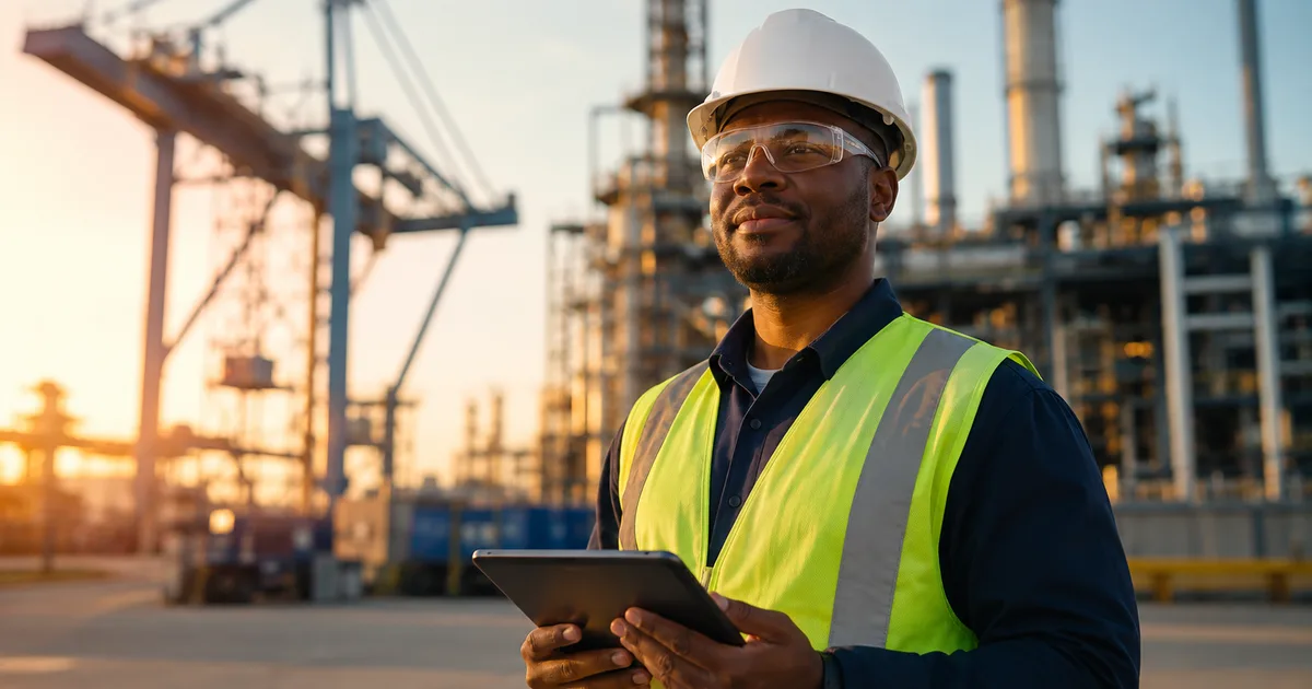 Certified NEBOSH IGC safety officer inspecting an industrial worksite with a tablet in hand