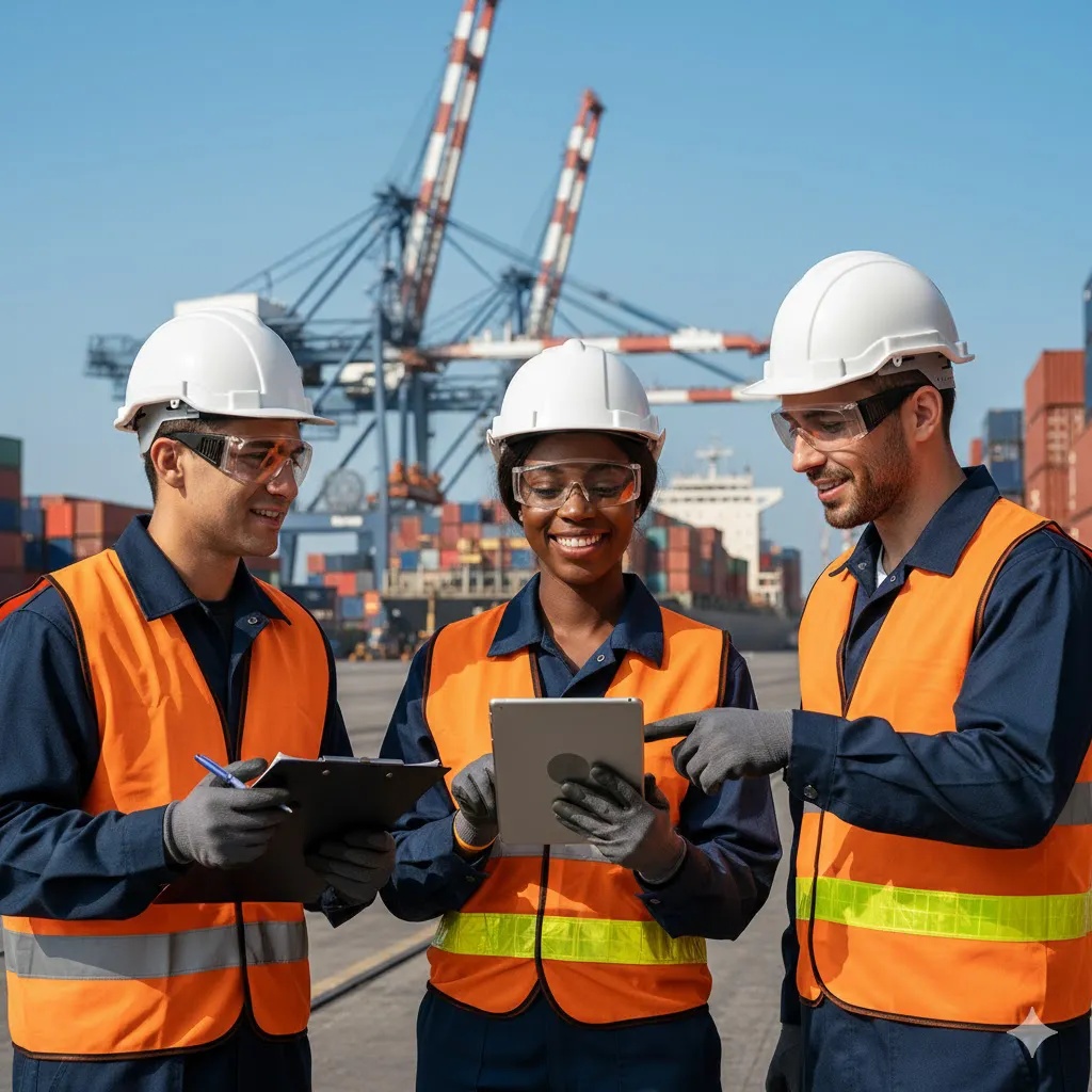 Drie jonge HSE-professionals met helm, veiligheidsbril en oranje hesje in een containerhaven, werkend met tablet en clipboard, illustratie bij het artikel NEBOSH vs MVK over je HSE-carrière.