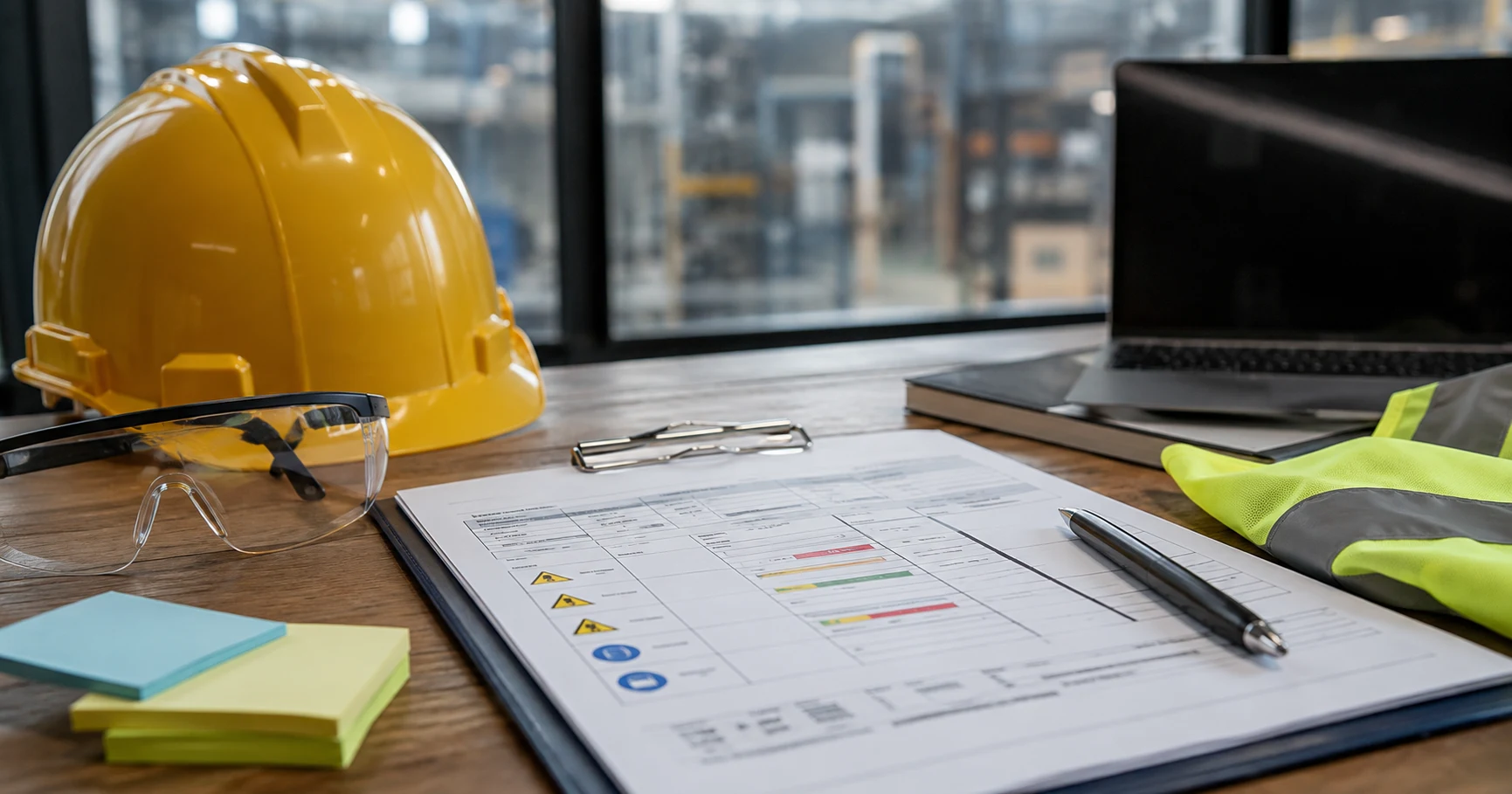 RI&E documentatie met clipboard, helm en veiligheidsbril voor Arbowet wijziging per 1 juli 2026