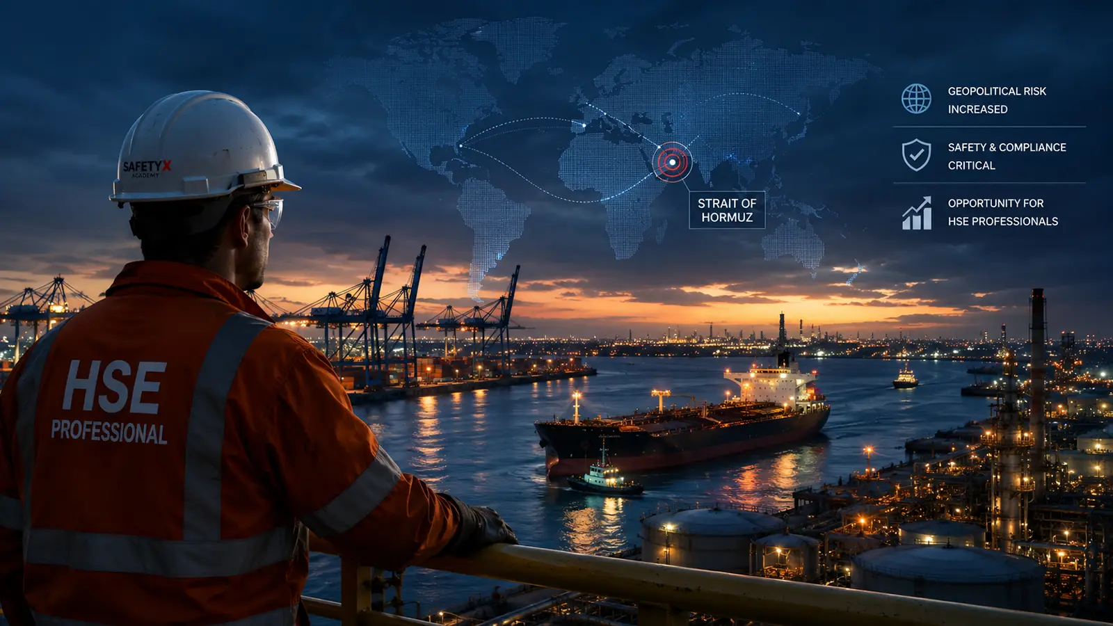 HSE professional overlooking Rotterdam port during geopolitical tensions affecting offshore and oil industries