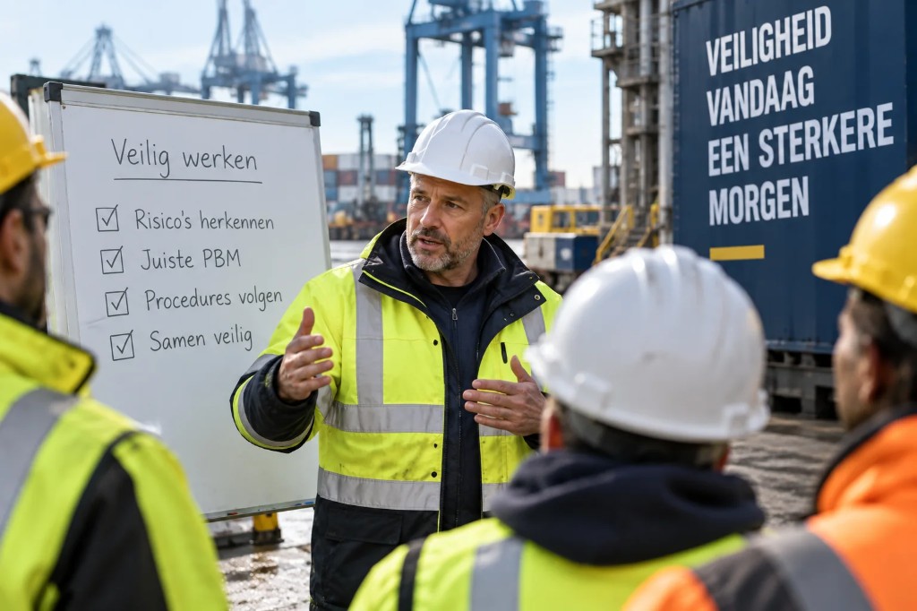 VCA veiligheidstraining met instructeur en cursisten op een industriële locatie in de Rotterdamse haven