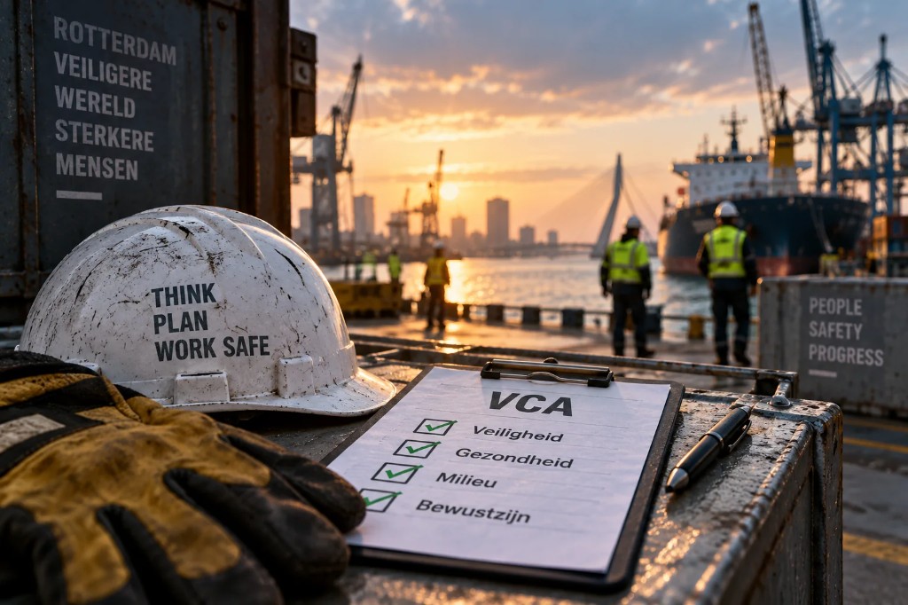 VCA veiligheid in de Rotterdamse haven met helm, checklist en medewerkers op een industriële locatie