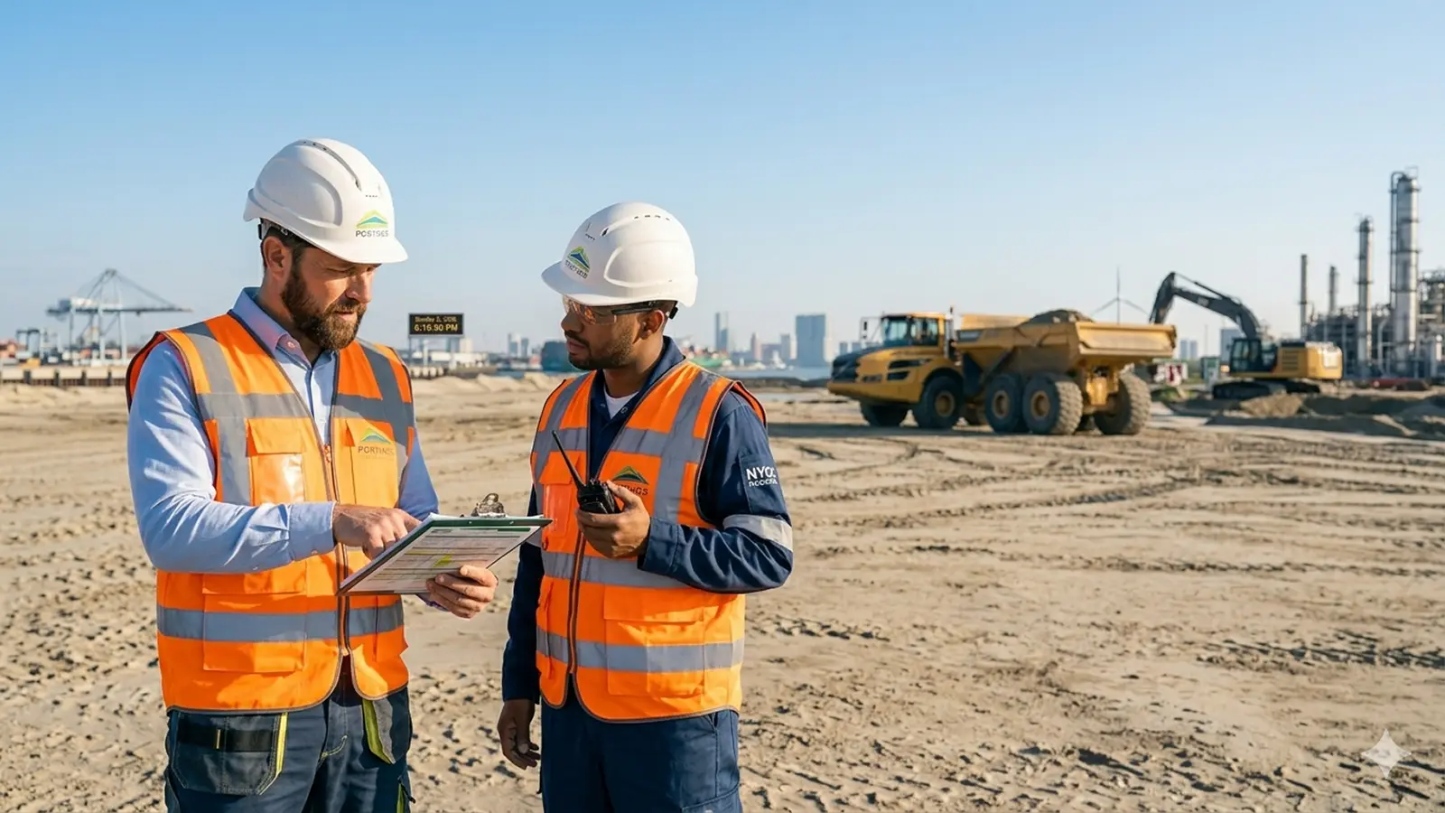 HSE-professionals voeren een risk assessment uit in de Rotterdamse haven met checklist en PPE