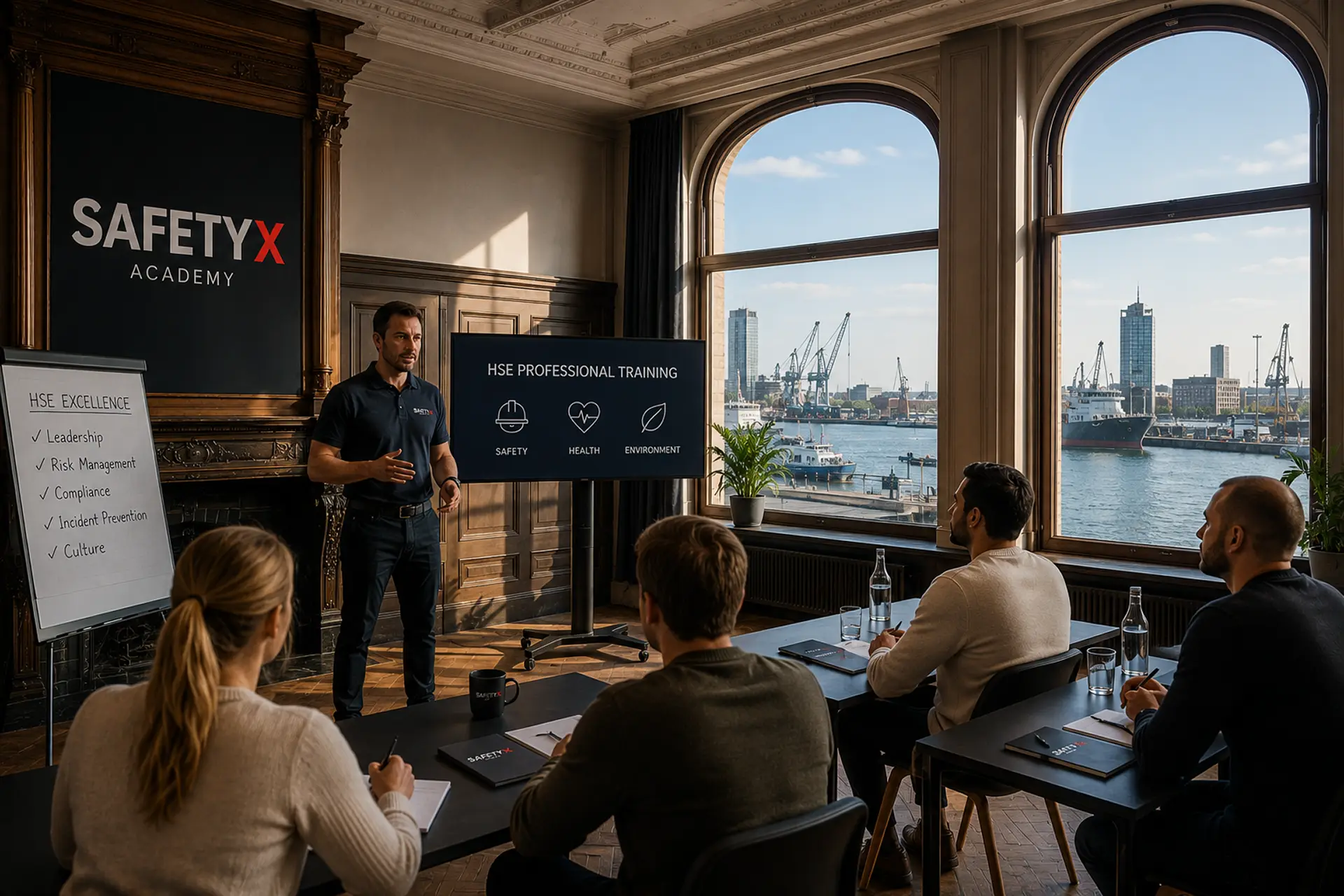 HSE training by SafetyX Academy in a historic Rotterdam classroom overlooking Veerhaven