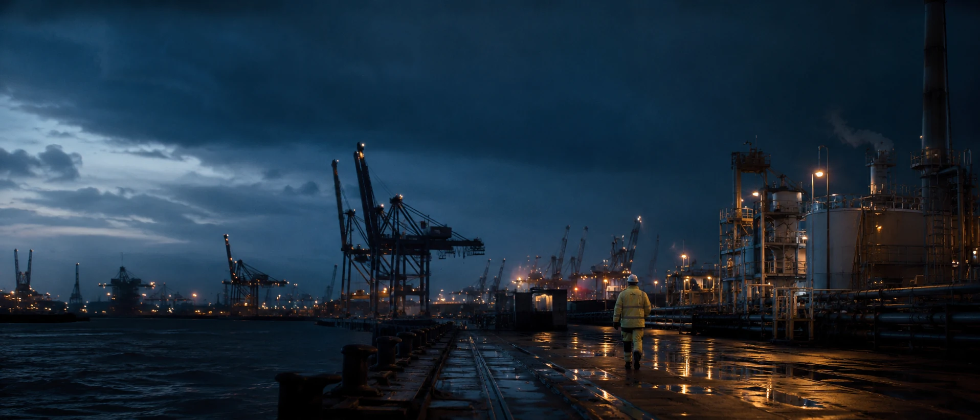 Industrie en haven in Rotterdam-Rijnmond bij schemering voor B-VCA veiligheidstraining